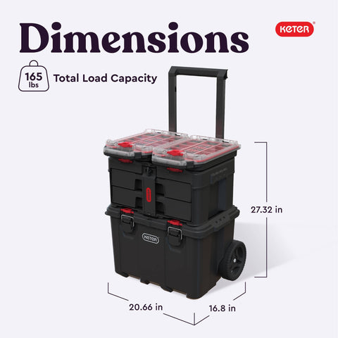 Four Piece Rolling Tool Storage System With Large Rolling Toolbox And Two Drawer Toolbox And Two Tray Organizers Interlocking Modular Stackable Tool Storage On Wheels For Garage And Shop, dimensions labeled