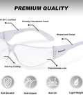 Image of 12 Pack Clear Anti Fog Safety Glasses With Wraparound Lenses, showing polycarbonate lenses, ANSI Z87.1 certification, and design details.