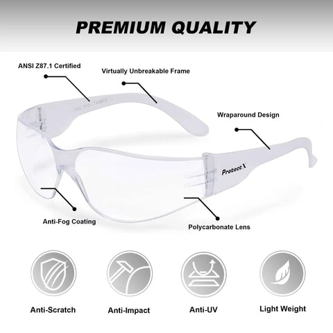 Image of 12 Pack Clear Anti Fog Safety Glasses With Wraparound Lenses, showing polycarbonate lenses, ANSI Z87.1 certification, and design details.
