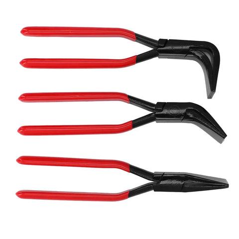 Three Piece Metal Bending Pliers Set With Straight 45 Degree And 90 Degree Jaws For Precision Sheet Metal Bends In Tight Spaces