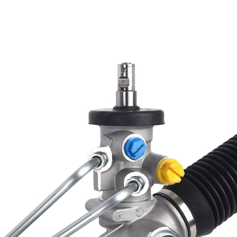 Close-up of Power Steering Rack And Pinion Assembly For 1999 To 2006 Chevy Silverado 1500, 2007 Classic, GMC Sierra 1500 connections
