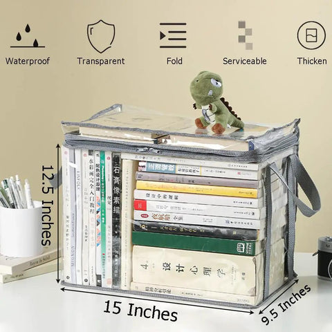 Clear Zippered Organizer Bags With Reinforced Handles Large Waterproof Storage Containers For Moving And Closet Organization Perfect For Books DVDs Blu Rays Clothing Weatherproof PVC Carrier 15 By 12.5 By 9.5 Inches filled with books on a table.