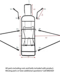 Economical Bolt-On Bicycle Carrier Rack For 26 Inch, 28 Inch, And 700c Bikes, Steel Black, exploded view showing dimensions