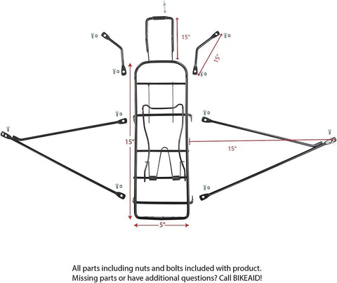 Economical Bolt-On Bicycle Carrier Rack For 26 Inch, 28 Inch, And 700c Bikes, Steel Black, exploded view showing dimensions