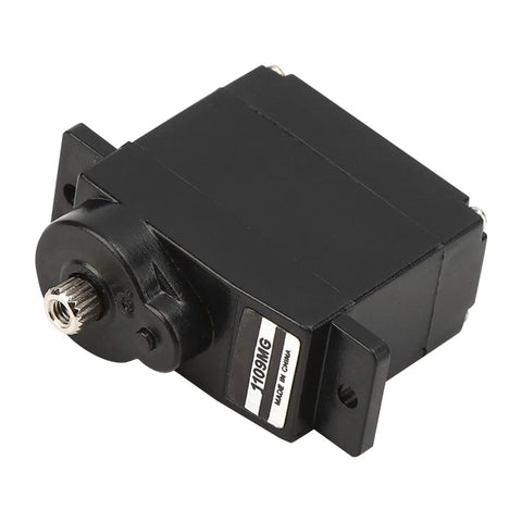 Badass 10g Metal Gear Micro Servo Featuring Solid Core Motor And Lightning Fast Digital Response For 450 Rc Helicopter Builds And Tight Control Upgrades. Side view of a black micro servo with visible gears.