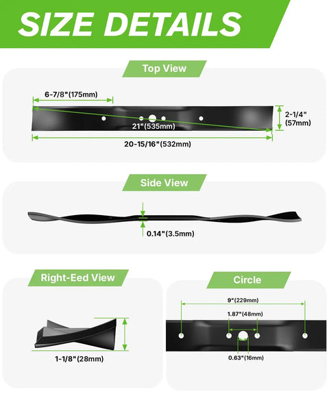 Diagram showing top, side, right-end, and circle views of 21 Inch Mulching Blade With Circle Mounting Pattern For Craftsman And Husqvarna Lawn Mowers Fits 21 Inch Decks Replaces OEM 165833 175064 189028 406712 Beefed Up Durable Steel Easy Install Clean Even Cut Performance with measurements.