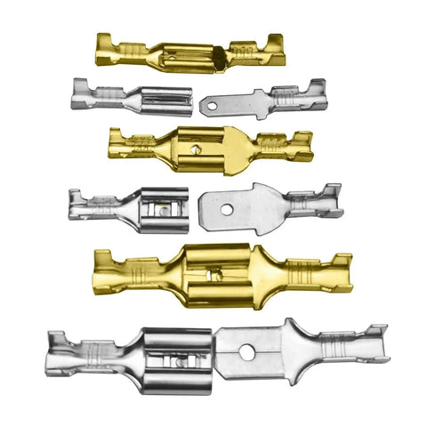 Solid Brass Tinned Spade Crimp Terminals Kit For Quick Wire Connections In Audio And Home Appliances, 2.8mm 4.8mm and 6.3mm Female Male Pins Compatible With 14-18 AWG Wiring For Solid Hookups, assorted terminals