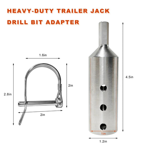 Heavy Duty Trailer Jack Drill Adapter with wire lock pin, stainless steel, 4.5in height, 1in drive socket, designed for electric power.