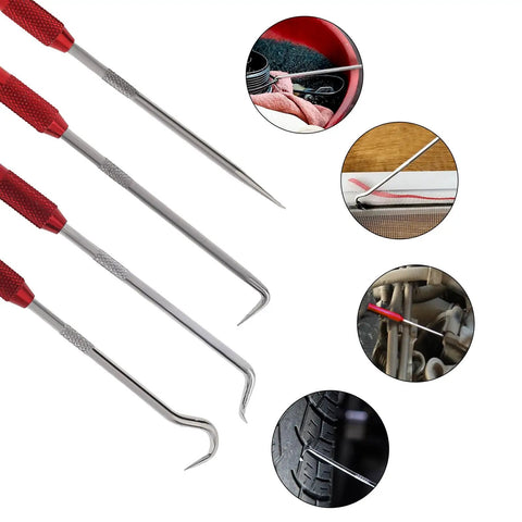 2 Piece Hook And Pick Set With Rolling Flower Handle Multi Angle Hook Picks shown with uses on seals, gaskets, and tires
