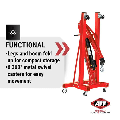 Rock Solid Two Ton Folding Engine Crane For Heavy Duty Garage Days with foldable legs and 360° swivel casters for easy storage.