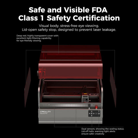 Falcon2 Pro 40W Laser Engraver with integrated enclosure and camera, front view showing safety features and transparent cover.