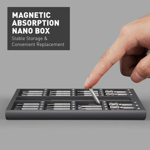 Person using 63 In 1 Pro Grade Magnetic Mini Screwdriver Set For Ring Doorbell Computers with magnetic absorption nano box.