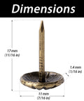 Top Shelf Antique Brass Daisy Upholstery Tacks 7/16 Inch 120 Pack with dimensions, ideal for vintage furniture hardware projects.