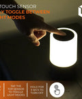 Hand touching top of Emergency Power Outage Lamp With Over 200 Hour Battery Life Rechargeable LED Lantern USB Charger 3 In 1 Cable Three Modes Touch Sensor Portable Black Home Disaster Prep Light to toggle modes