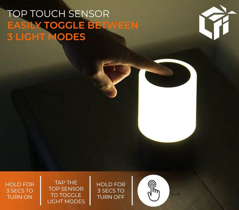 Hand touching top of Emergency Power Outage Lamp With Over 200 Hour Battery Life Rechargeable LED Lantern USB Charger 3 In 1 Cable Three Modes Touch Sensor Portable Black Home Disaster Prep Light to toggle modes