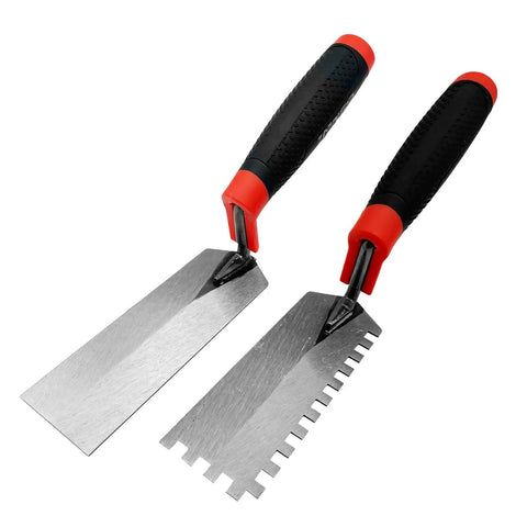 Six Inch Concrete Tile Tools Set With Two Stainless Steel Margin Trowels Flat And Square Notched Workhorse Pro Grade Cement Finishing Kit