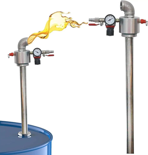 Heavy Duty Stainless Steel Pneumatic Oil Transfer Pump. Air Operated Barrel Pump With Pressure Gauge And Safety Valve. Perfect For Diesel, Solvent, And Lubricant Pumping Injection Tasks In Industrial Settings. Reliable Performance.