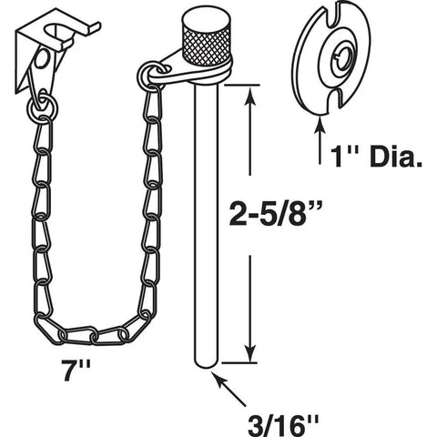 Diagram of Sliding Patio Door Lock Pin 3/16 x 2-5/8 Inches, Steel Pin With Retaining Ring, Chrome Plated, chain and measurements