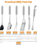 11 Piece Stainless Steel BBQ Tool Set With Storage Bag For Outdoor Grilling Camping And Backyard Use Dad Gifts For Fathers Day Includes Tongs Spatula Fork Knife Skewers Brush And Grill Cleaning Brush displayed vertically