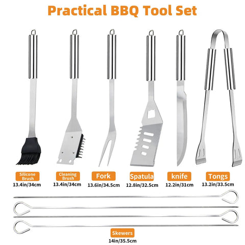 11 Piece Stainless Steel BBQ Tool Set With Storage Bag For Outdoor Grilling Camping And Backyard Use Dad Gifts For Fathers Day Includes Tongs Spatula Fork Knife Skewers Brush And Grill Cleaning Brush displayed vertically