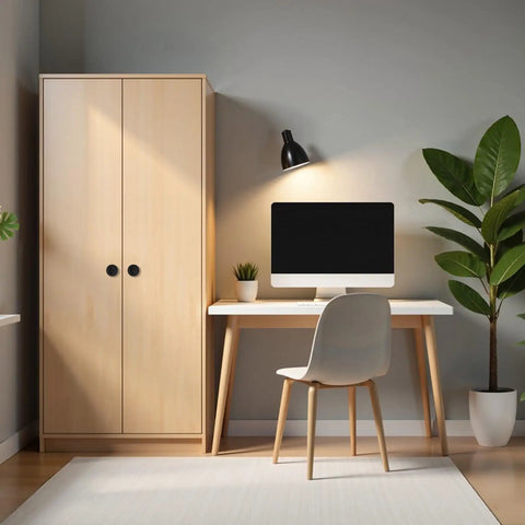 Home office with Hidden Concealed Recessed Sliding Door Pull Handles Set in black stainless steel on a cabinet