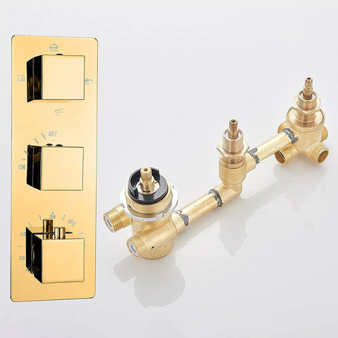 Heavy Duty Gold Thermostatic Shower System That Runs Flawless With 16 Inch Rainhead And Angled Handheld Sprayer Wall Mounted Bathroom Faucet Kit featuring brass valve and controls.