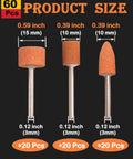 Grinding stone set, 60 pcs with 1/8" shank; orange aluminum oxide bits in cone, cylinder and wheel shapes (front view).