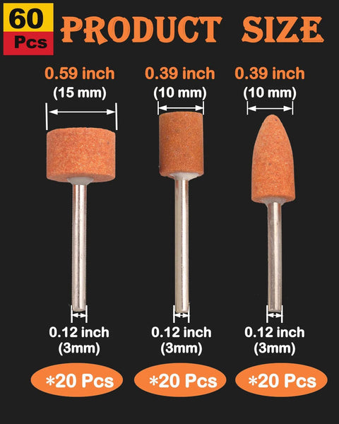 Grinding stone set, 60 pcs with 1/8" shank; orange aluminum oxide bits in cone, cylinder and wheel shapes (front view).