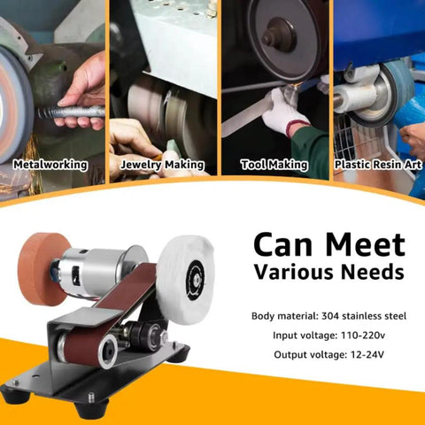Compact Mini Electric Belt Sander 100-240V For Versatile DIY Woodwork Project Metal Finishing Plus Jewelry Polishing Bench Grinder on a stand.