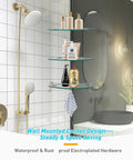 Glass Shower Shelves Three Tier Corner Organizer With Hangers in bathroom, wall-mounted, stainless steel and glass shelves.