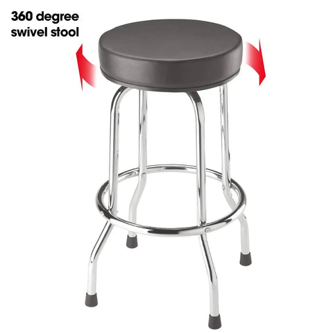 Rugged Swivel Bar Stool For Garage And Shop With Padded Seat And Chrome Legs In Black Finish, 28.74 Inches Tall And 18.5 Inches Diameter