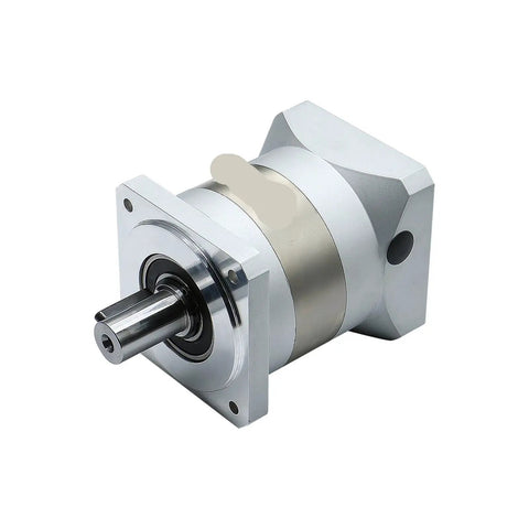 Close-up of silver Planetary Gear Reducer for Nema 34 86 stepper motor with 14mm input shaft, CNC 3D printing use, side view