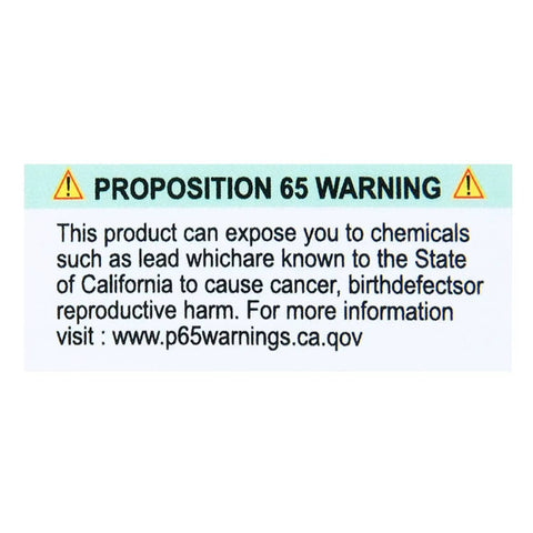Proposition 65 warning label about chemical exposure risks, such as lead, potentially causing cancer and birth defects.