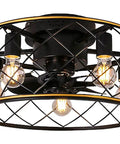 20 Inch Cage Ceiling Fan With Lights And Remote, Flush Mount Low Profile Farmhouse for Kitchen and Bedroom, Black and Gold Finish
