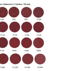 25 pieces of 2 inch sandpaper discs showing various grits P40 to P2000, made from durable aluminum oxide for grinding.