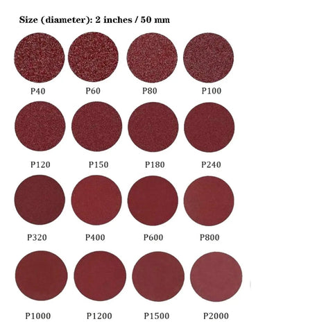 25 pieces of 2 inch sandpaper discs showing various grits P40 to P2000, made from durable aluminum oxide for grinding.