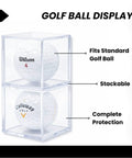 Clear Golf Ball Cube Display Case Six Pack For 360 Degree View, two golf balls in stackable dust-proof acrylic holders