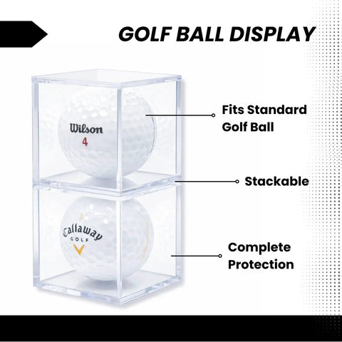 Clear Golf Ball Cube Display Case Six Pack For 360 Degree View, two golf balls in stackable dust-proof acrylic holders
