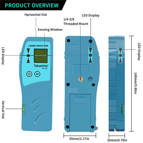 Laser Level Receiver For Red And Green Pulsed Beams With Three Sided Smart LED Displays Adjustable Speaker Two Sided Bubble Vial Clamp Included Detects Pulsed Red And Green Beams Up To 200 Feet, front, side and back views