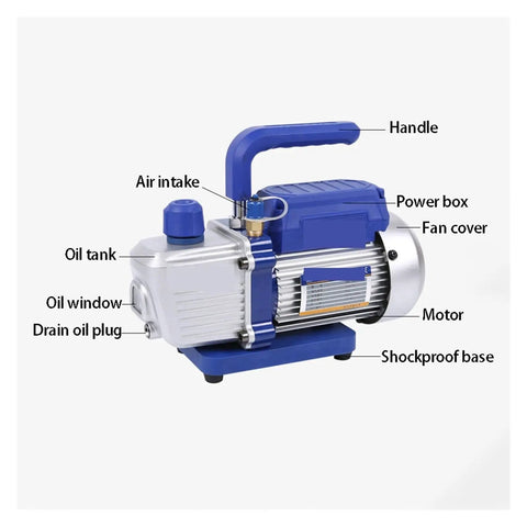Premium Single Stage Rotary Vane Vacuum Pump For Automotive Air Conditioning Refrigerant Recovery Hvac Mechanic Tool showing labeled parts and design features.