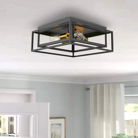 Three Light Black Square Flush Mount Ceiling Fixture With Double Frame Cages Sleek Dope Look Close To Ceiling Lighting