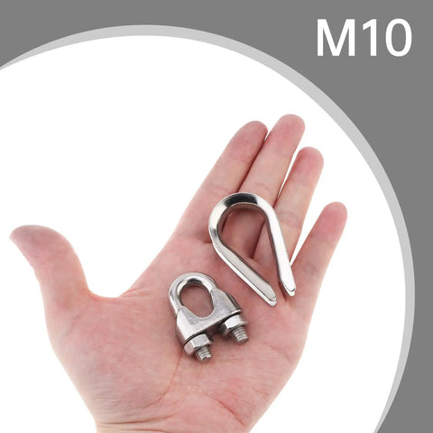 Hand holding 8 Piece 3/8 Inch Wire Rope Clamps And 4 Pcs M10 Stainless Steel Thimbles For Cable Rigging
