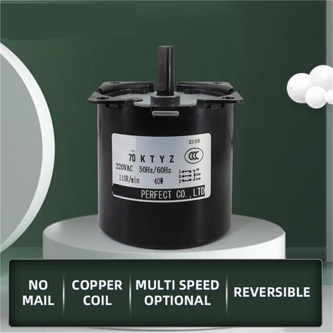 High Torque Permanent Magnet Synchronous Motor 40W 110 To 220V AC Low Speed For DIY Projects RC Cars E Scooters And Small Appliances CW CCW 2.5 5 10 15 20 30 50 60 80 110 RPM, black motor front view.
