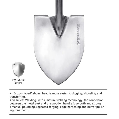Heavy Duty 43 Inch Round Shovel With Wooden D Handle And Stainless Steel Blade Built Tough For Digging Transplanting Planting Shrubs Snow Shoveling And Outdoor Yard Work, close-up of stainless steel blade and branding.