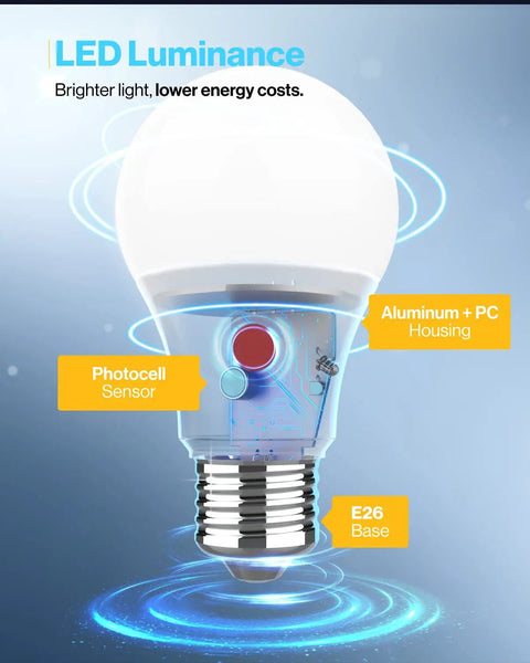 Outdoor Dusk To Dawn A19 LED Bulbs With Photocell Sensor, 800 Lumens, 9W Equal 60W, 3000K Warm White, E26 base, aluminum housing