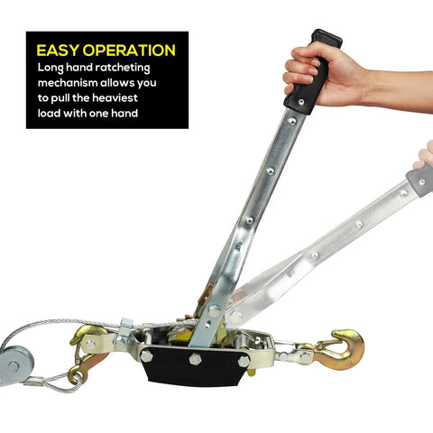 Heavy Duty 5 Ton Come Along Winch With 10 Ft Steel Cable Dual Gear And 3 Hooks in use showing hand operation
