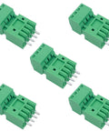 Five green 4 Pin Screw Terminal Block Connector with 2.54mm Pitch for PCB Mount, 125V 4A Rating, supports AWG 26 to 18 cables