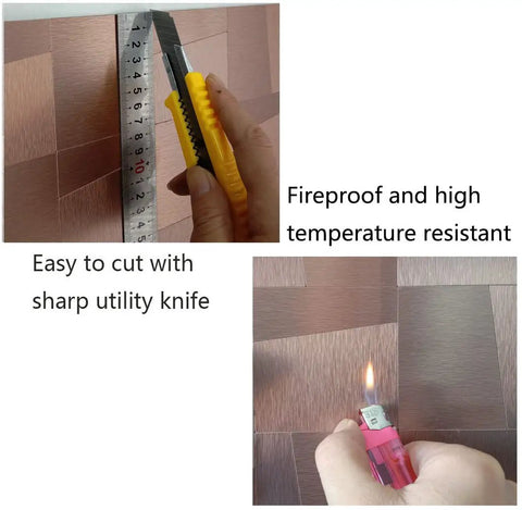 Cutting and fire resistance test of Peel And Stick Metal Backsplash Tiles For Kitchen And Bathroom, Self Adhesive Aluminum Mosaic 3D Wall Stickers In Brushed Grey, No Grout, Easy DIY Install, Triangle Mixed Sheets 11.81x11.81 Inches.