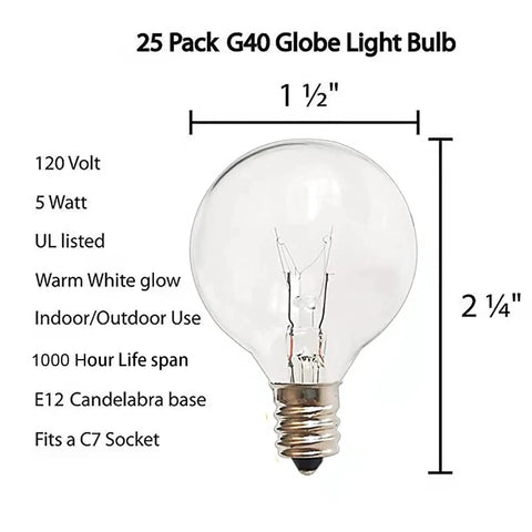 G40 Replacement Light Bulbs 120V 5W Clear Globe Bulbs For Indoor And Outdoor Vibes Patio String Lights, E12 C7 Candelabra Base