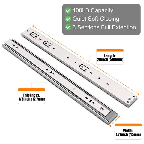 20 Inch Soft Close Drawer Slides Two Pairs Beefy Heavy Duty Side Bottom Mount Rails Ball Bearing for Kitchen Cabinets